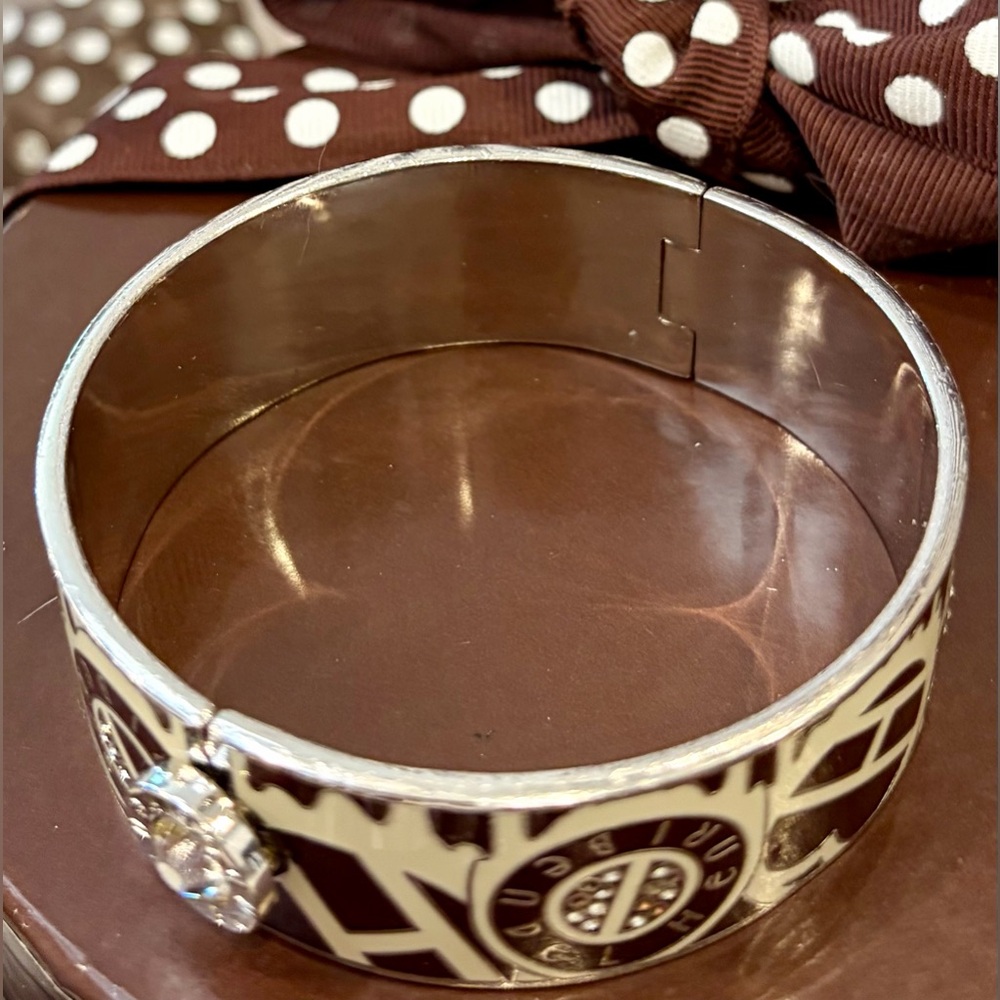 HENRI BENDEL Cream and Brown Enamel Logo Bangle Cuff w/Gold Accents & Crystals - Picture 12 of 16